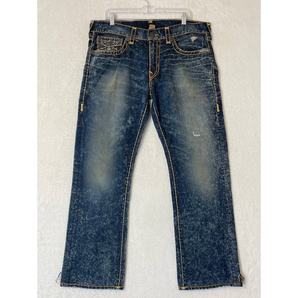 True Religion Ricky Relaxed Straight Big T Stitch Blue Acid Wash Jeans 36x30